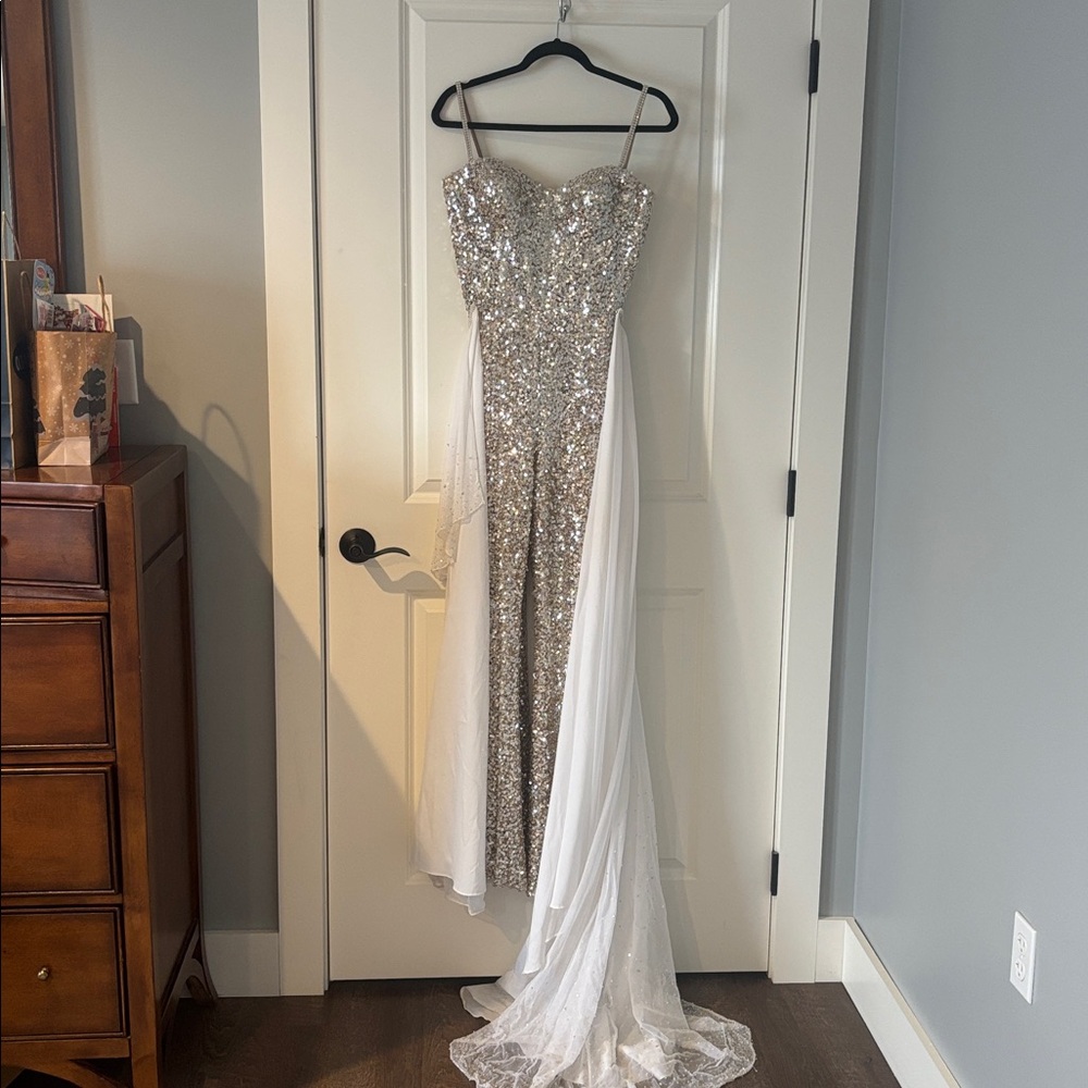 51163 Mira Spaghetti Straps Sequin Jumpsuit with added skirt bride prom pageant
